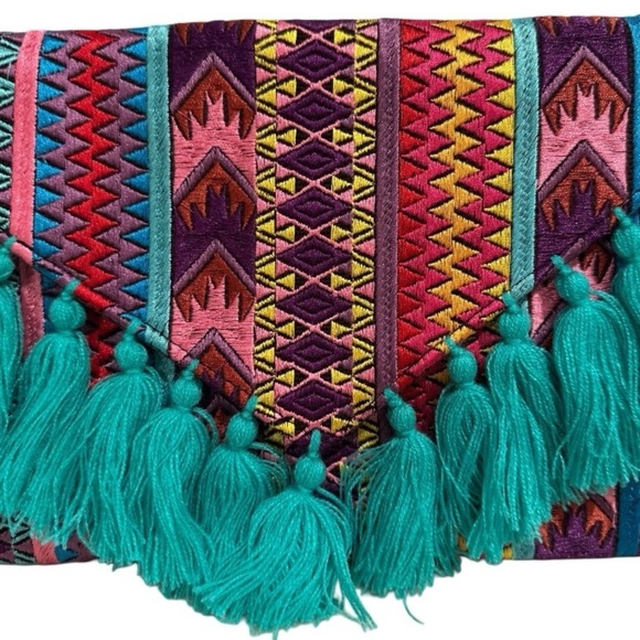 Ethnic Boho Large Clutch Suede Wristlet Bag Handmade Embroidery Tassels Indi NEW - Picture 4 of 16